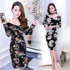 Printed Off-shoulder Long-sleeve Bodycon Dress