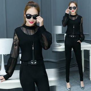Set: Lace Trim Long Sleeve Top + Plain Slim Fit Pants