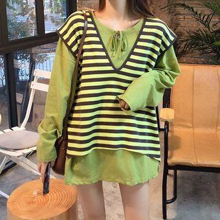 Set: Striped Loose-fit Vest + Lace-up Plain Top