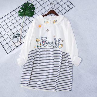 Long-sleeve Embroidered Striped Panel Collar Dress As Shown In Figure - One Size