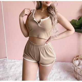 Set: Contrast Trim Crop Tank Top + High-waist Shorts