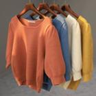 Square-neck Puff-sleeve Rib-knit Top