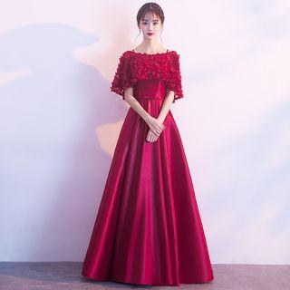 Floral Embroidered Short-sleeve A-line Evening Gown