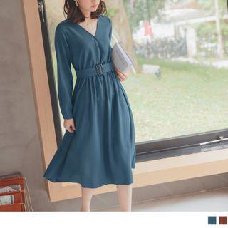 Long Sleeve V-neck Blet-waist A-line Dress