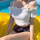 Set: Ruffled Cold-shoulder Short-sleeve Swim Top + Floral Print Bottom
