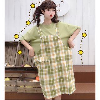 Elbow-sleeve Embroidered T-shirt / Plaid Dungaree Dress