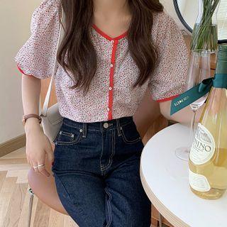 Puff-sleeve Floral Contrast Trim Blouse