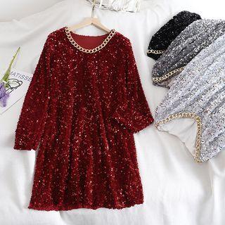Sequined Long-sleeve Shift Dress