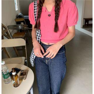 Crewneck Plain Ruffle Dotted Cropped Knit Top