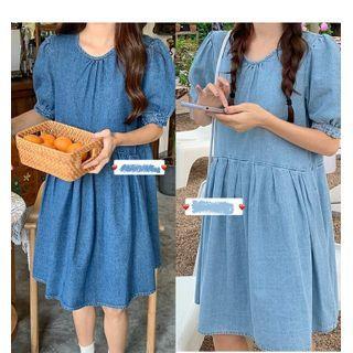 Loose-fit Puff-sleeve Denim Dress