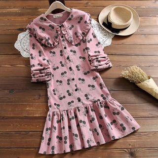 Long-sleeve Midi Cherry Print A-line Dress