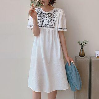 Flower-embroidered A-line Shift Dress