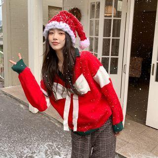 Contrast Trim Bow Sweater Red - One Size