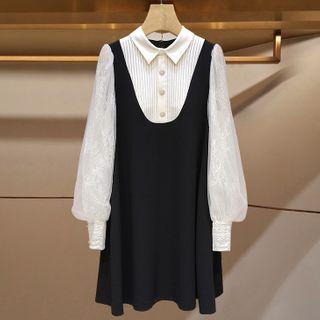 Puff-sleeve Two Tone Lace Panel Mini Dress