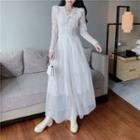 Set: Long-sleeve Lace Top + A-line Maxi Skirt