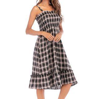 Spaghetti-strap Plaid Midi A-line Dress