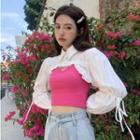 Long-sleeve Lace Up Ruffle Trim Shrug/ V-neck Plain Camisole