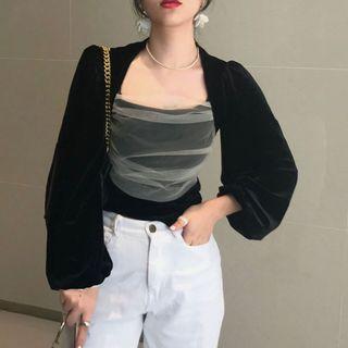 Long-sleeve Mesh-panel Blouse Black - One Size