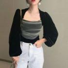Long-sleeve Mesh-panel Blouse Black - One Size