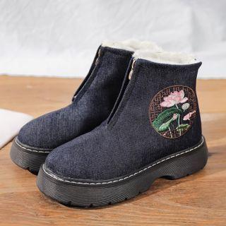 Flower Embroidered Platform Denim Short Snow Boots