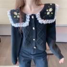 Floral Embroidered Lace Trim Collar Cardigan