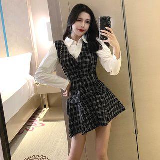 Plain Shirt / Tweed Vest / Mini A-line Skirt / Set