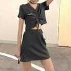 Set: Short-sleeve Drawstring Top + Mini A-line Skirt