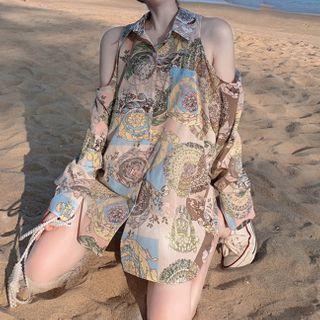 Printed Cold-shoulder Shirt As Shown In Figure - One Size