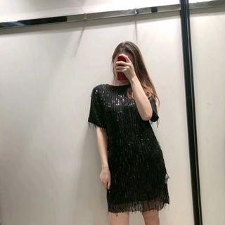 Sequined Fringed Short-sleeve Mini Dress