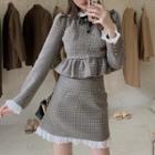 Lace Trim Ruffled Hem Plaid Jacket + Mini A-line Skirt