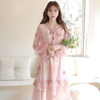 Flower Print Balloon-sleeve A-line Midi Chiffon Dress