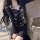 Long-sleeve Cut-out Chain Strap Mini Sheath Dress Black - One Size