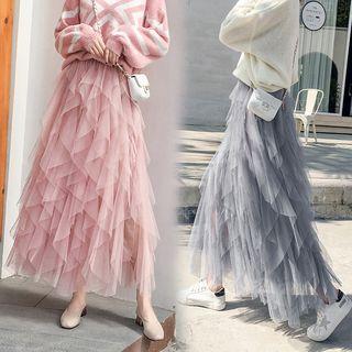 Asymmetric Ruffled Mesh A-line Midi Skirt