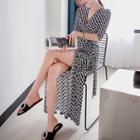 Elbow-sleeve Pattern Midi Sheath Wrap Dress