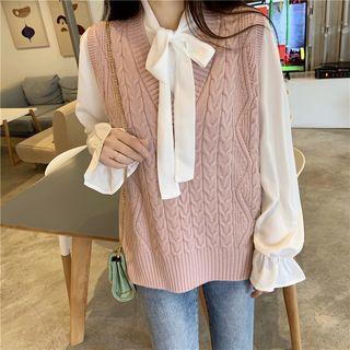 Long-sleeve Frill Trim Ribbon Blouse / Cable Knit Vest