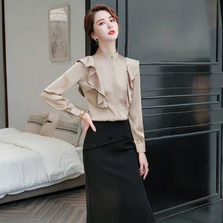 Ruffle Trim Plain Blouse / Midi Mermaid Skirt