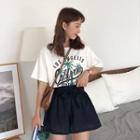 Print Short-sleeve T-shirt / High-waist Culottes With Sash