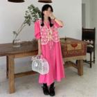 Puff-sleeve Midi Shift Dress / Lace Vest