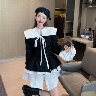 Color-block Bow Ruffle Cardigan / Plain Dress