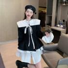 Color-block Bow Ruffle Cardigan / Plain Dress