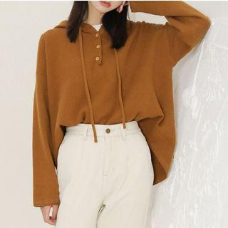 Plain Drawstring Hooded Knit Top Caramel - One Size