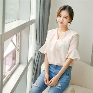 Open-placket Ruffled Chiffon Top