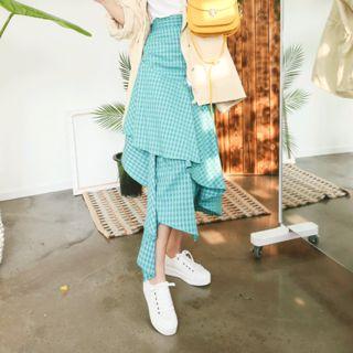 Asymmetric Ruffled Gingham Long Skirt