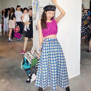 Plain Cropped Sleeveless Top / Color-block A-line Skirt