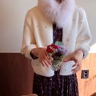 Open-front Rhinestone Faux-fur Cardigan Ivory - One Size