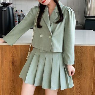 Set: Double-breasted Cropped Blazer + Mini A-line Pleated Skirt
