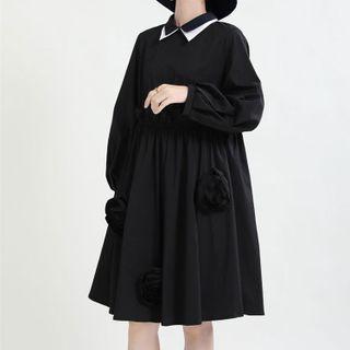 Contrast Collar Flower Accent Midi A-line Dress