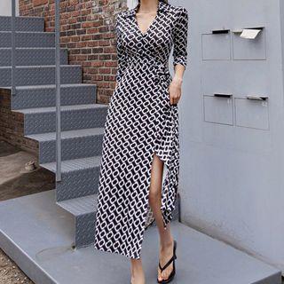 V-neck Patterned Midi A-line Slit Dress