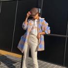 Checked Buttoned Wool Short Coat Sky Blue - One Size