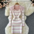 Square-neck Color Block Striped Long-sleeve Knit Dress